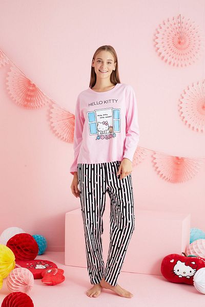 Siyah İnci Hello Kitty Licensed - 100% Cotton Pink Crewneck Sleepwear Σετ HK208
