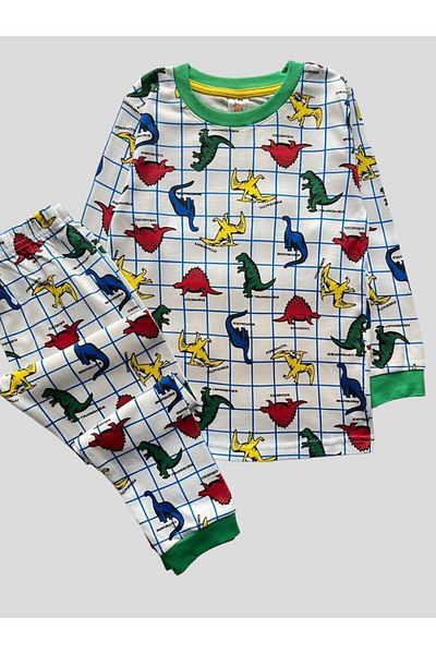 elmas kids Boy's 100% Cotton Colorful Dinosaur Pattern Pajama Set with Striped Sleeves and Legs