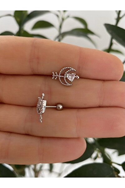 Arescollection ÇELİK ZİRKON TAŞLI HELİX KIKIRDAK CONCH KULAK MEMESİ UYUMLU PİERCİNG KÜPE