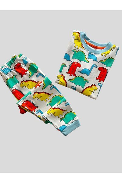elmas kids Boy's 100% Cotton White Dinosaur Patterned Pajama Set