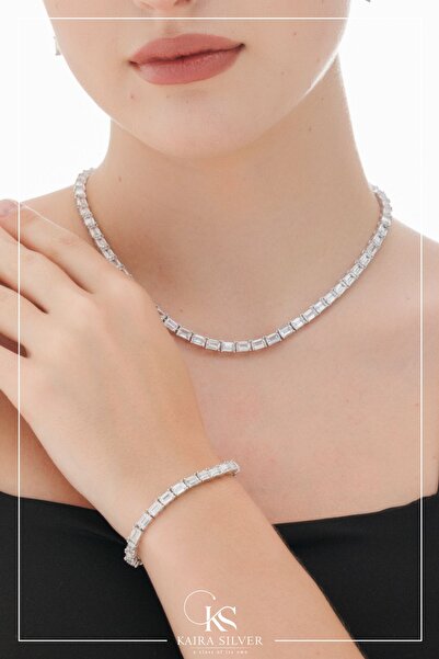 Kaira 925 Ayar 2’li Baget Taşlı Suyolu Set Kolye Bileklik Seti Gümüş Suyolu Set