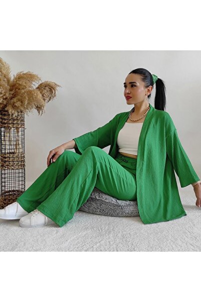 İpli Σετ Φαρδύ Πράσινο Κιμονό - Λεπτομέρεια Τσέπης