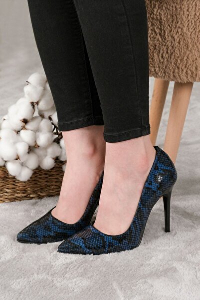 Grasyano %100 Hakiki Deri Mavi Yılan Desenli Siyah 1. Kalite El Yapımı Comfort Stiletto Topuklu Ayakkabı