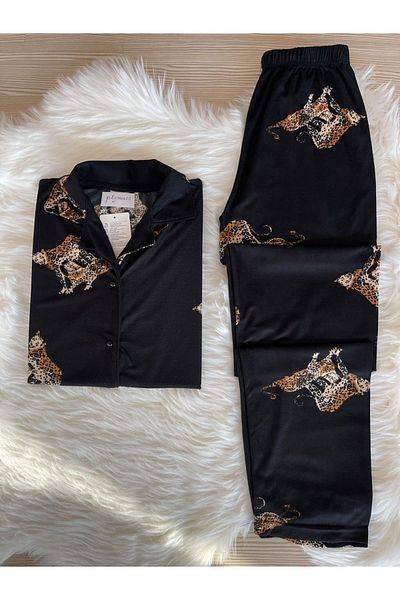Pijamacs Set de pijamale cu mânecă lungă cu guler de cămașă leopard cu model din piele intoarsa