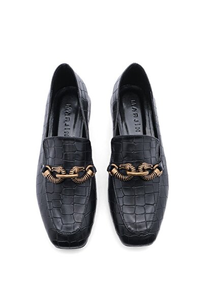 Marjin Damskie mokasyny z łańcuszkiem, mokasyny, buty na co dzień Alva, czarne Croco