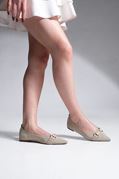 Marjin Women's Buckled Pointed Toe Knitwear Ballerina Lovren Beige