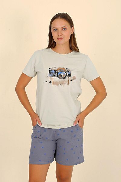 Akbeniz Γυναικείο Σετ Πιτζάμες Κοντό Χτενές Βαμβακερό Σορτς Κρέμα 3622