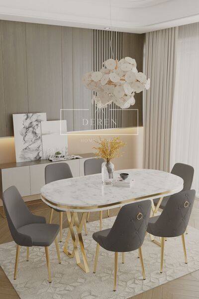 DEREN HOME Nil Serisi Lak Panel Mdf Beyaz Mermer Desen Masan 90x168 Gold Ayak...