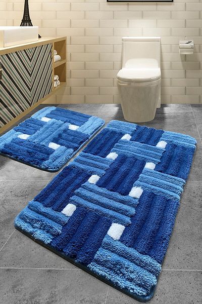 Chilai Home Pıazza Blue Acrylic Bath Mat Set - 60X100 cm 50X60 cm Set of 2