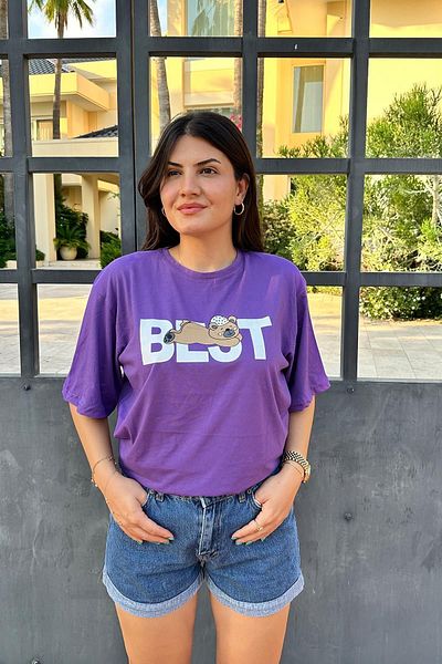 İpli Unisex Purple Oversize T-Shirt - Καλύτερη εκτύπωση με μοτίβο αρκουδάκι