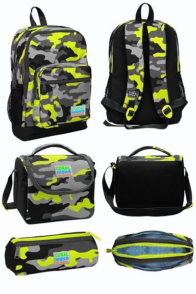 Coral High Black Gray Camouflage Pattern - Four Compartment School Backpack anD Lunchbag