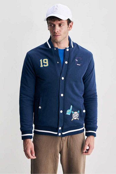 UCLA PEDRO Navy Blue Printed and Embroidered Standard Fit Men's Coat