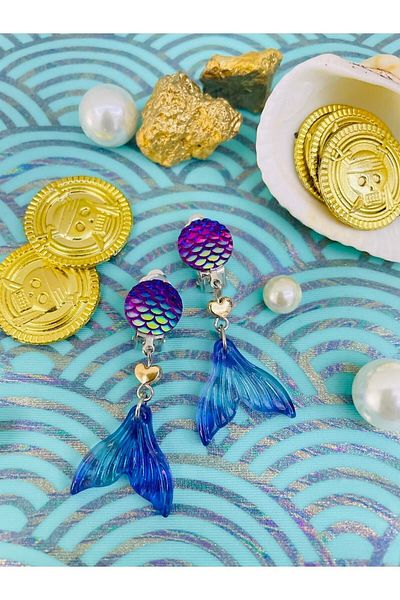 1PARÇAMAVİ Mermaid Fishtail Clip Children's Earrings - Non-perforated Earrings