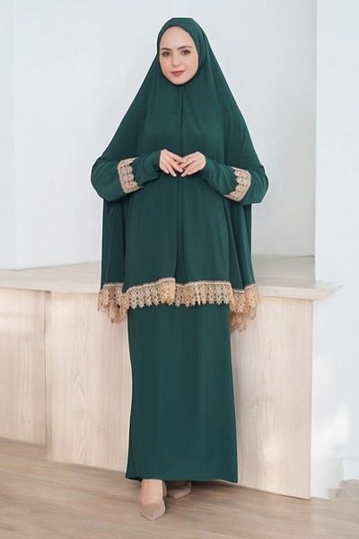 OBAY LİFE Green Double Set Standard Size Lower Upper Hijab Prayer Dress Obay4535