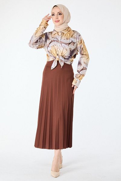 TOFİSA Brown Pleated Women's Skirt - Straight Medium 23035