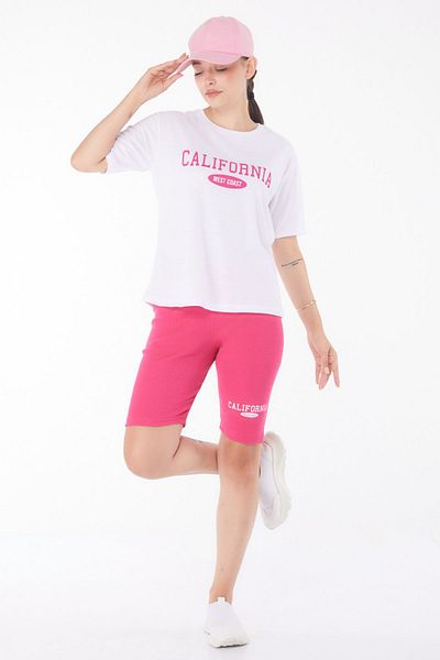 TOFİSA Fuchsia Printed Women's Double Suit - Plain Crew Neck - 25956