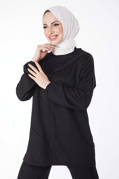 TOFİSA Black Women's Tunic Trousers - Straight Crew Neck - 13139