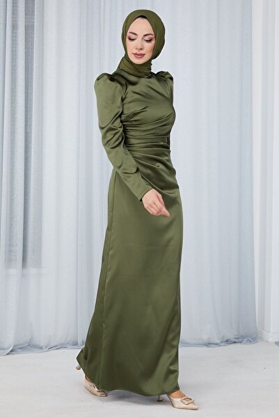 TOFİSA Khaki Women's Evening Dress - Plain Crew Neck - 23686