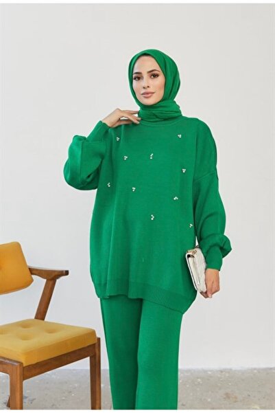 She Olive Set tricotaje cu detalii perle -verde