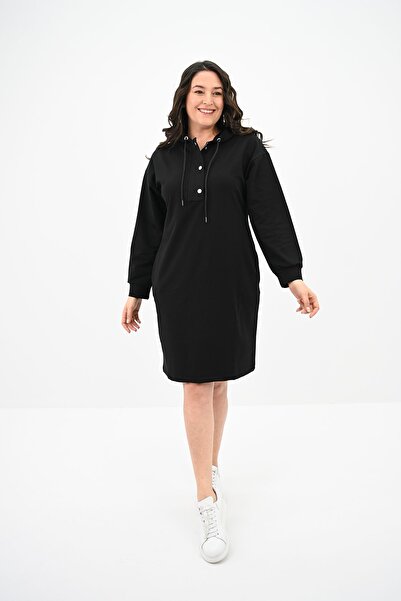 Koza Butik Kadın Büyük Beden Yaka Düğmeli Kapüşonlu Tunik 5207-24