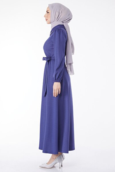 TOFİSA Plain Shirt Collar Women's Navy Blue Collar Stone Detailed Belted Dress - 24758