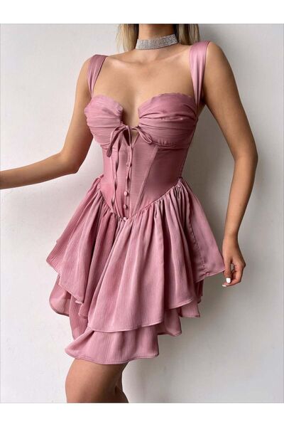 BEAUTY FASHİON Kadın Abiye Kalın Askılı Korse Görünümlü Önü Düğme Detaylı Min...