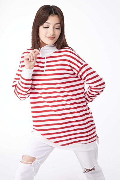 TOFİSA Pulover de damă cu dungi roșii, uni, pe jumătate, cu gât țesut - 23892