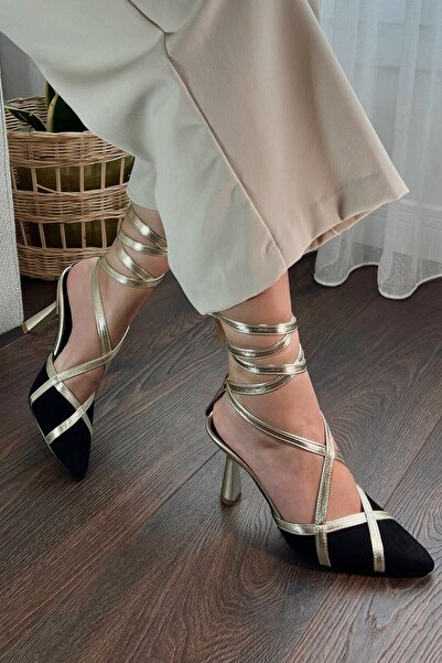 POLKA STORE Women's Maggie Black Suede Ankle Strap Gold Piping Pointed Toe Heeled Shoes