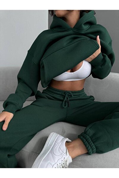 NO 601 Σετ φούτερ και φούτερ με κουκούλα σκούρο πράσινο - 3 κλωστές