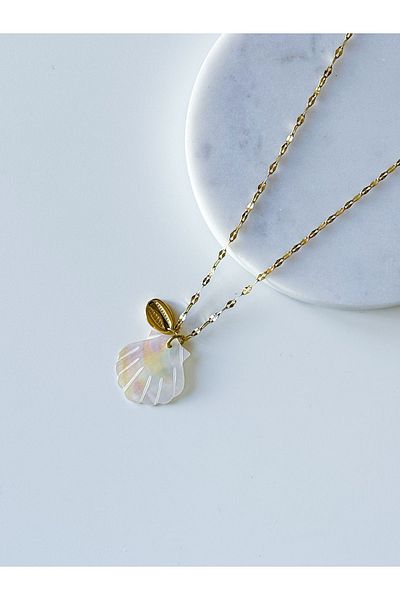 CHARMLUCKY Steel Pearl Stone Sea Shell Charm Necklace