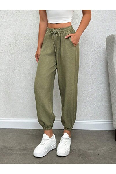 Moda ZR Дамски гумирани панталони с гумирани джобове и цвят каки