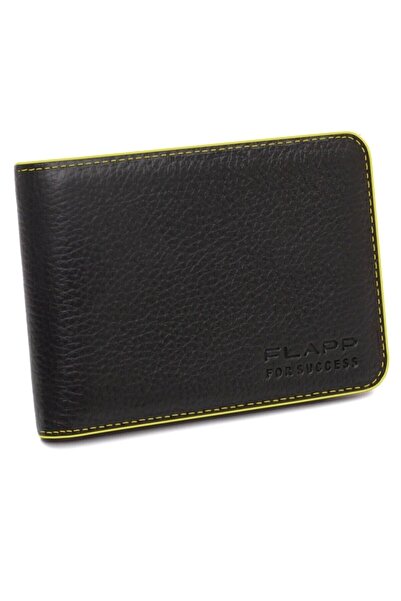 Flapp Hakiki Rfıd Korumalı Deri Sarı Kenar Boyalı Spor Cüzdan