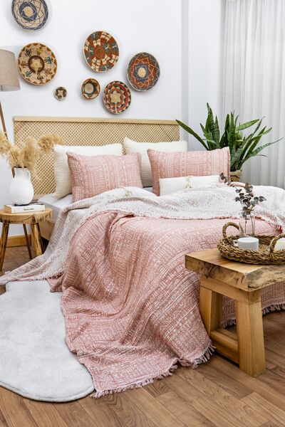 destinyhometex Aztec Patterned Oversize Bedspread - 240X260Cm/2 Pieces 50X70Cm Multi Muslin 4 Layers 100% Cotton