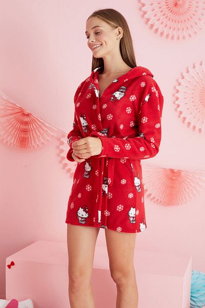 Siyah İnci Hello Kitty Licensed Fleece Red Hooded Dressing Gown Hk406