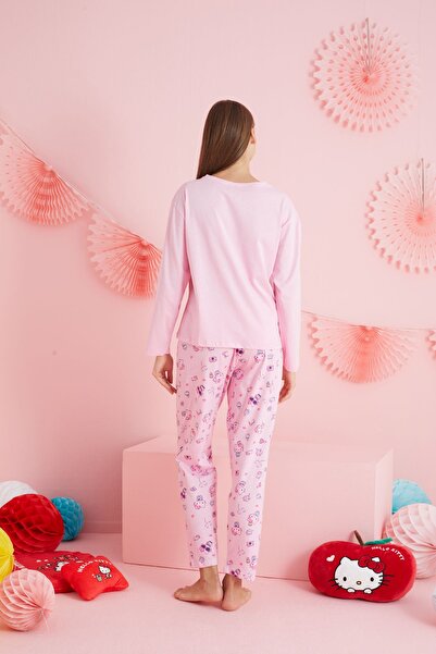 Siyah İnci Hello Kitty Lisanslı %100 Pamuk Pembe Çok Renkli Bisklet Yaka Pijama Takım HK210