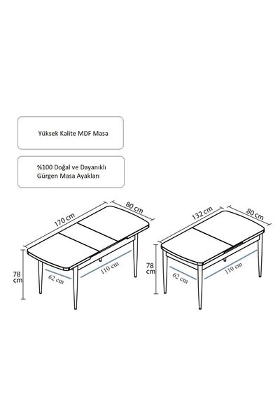DEREN HOME Alfa Serisi, 80x132 Açılabilir Mdf Yemek Masası Takımı 6 Adet Krem Sandalye