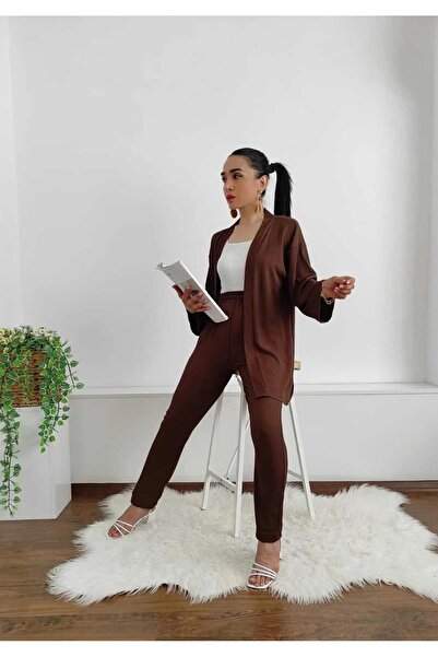 İpli Кафяв комплект кимоно с тесен крачол и джоб