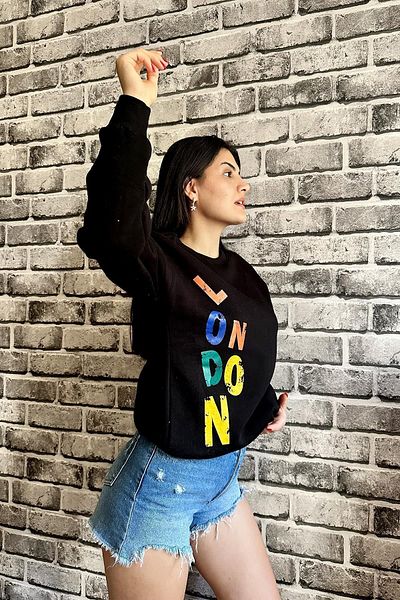 İpli London Printed 3 Thread Unisex Black Sweatshirt