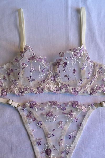 Rubuvi Daria Women's Lilac Floral Underwire Lace Dowry Underwear Bra Set Lingerie Set
