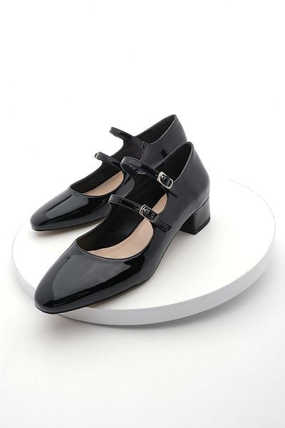 Marjin Women's Double Strap Classic Heeled Shoes Alsef Black Patent Leather