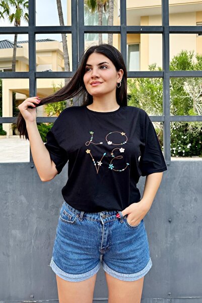 İpli Siyah Renk Love Baskı Nakış Desenli Unisex Oversize T-Shirt
