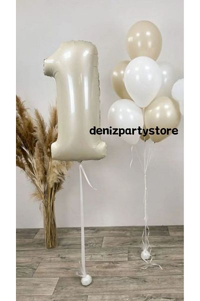 Deniz Party Store SEA SAND CREAM 1 YEAR OLD FOIL 3 SEA SAND 3 PASTEL WHITE BALLON SET