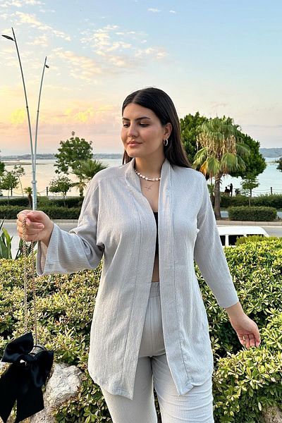 İpli Gray Kimono Set with Narrow Leg and Pocket Detail