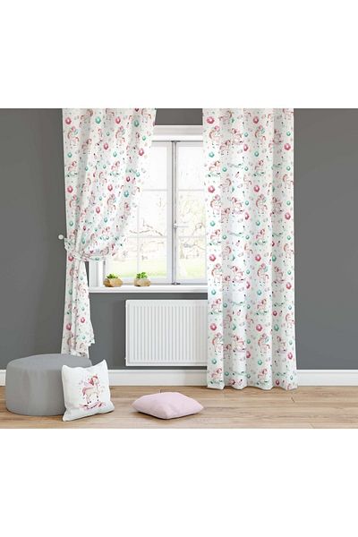 Lolla White Unicorn Patterned Background Curtain 1118