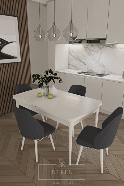 DEREN HOME Alfa Serisi, 80x132 Açılabilir Mdf Mutfak Ve Yemek Masası Takımı 4...