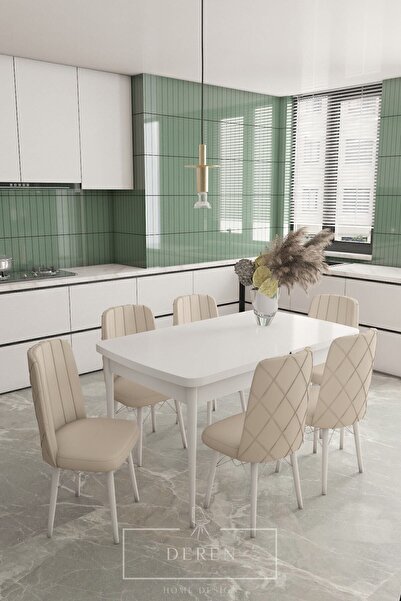 DEREN HOME Astera Serisi Açılabilir Masa + 6 Adet Krem Baby Face Kumaş Mutfak...