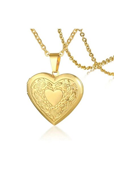 Herşey Nota Kalp Şeklinde Kapaklı 316L Paslanmaz Çelik Gold Renk Resim Konula...