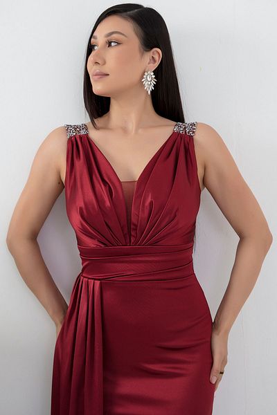 PULLIMM Rochie de umăr cu detaliu din piatră din satin - 39743