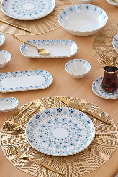 Glore Asya Ice Blue - 41-Piece Ceramic Breakfast Set for 6 People, Gold Gilt