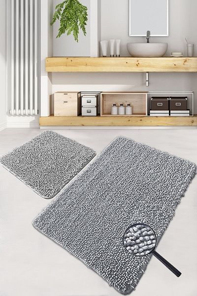 Chilai Home Σετ χαλιών και χαλιών μπάνιου Victoria Cotton Grey με 2 μπολ κρασιού
